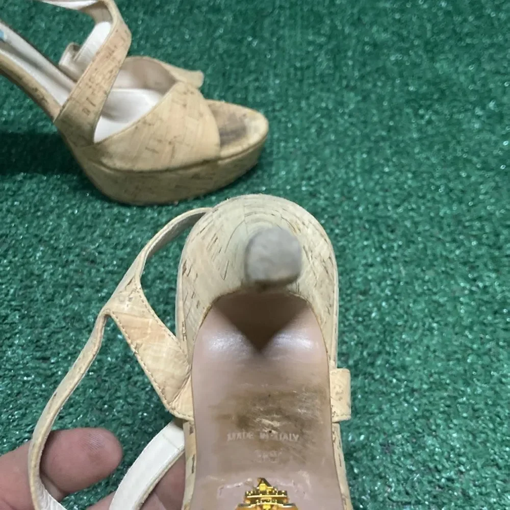 Prada Natural Cork Platform Sandals with Gold Buckles